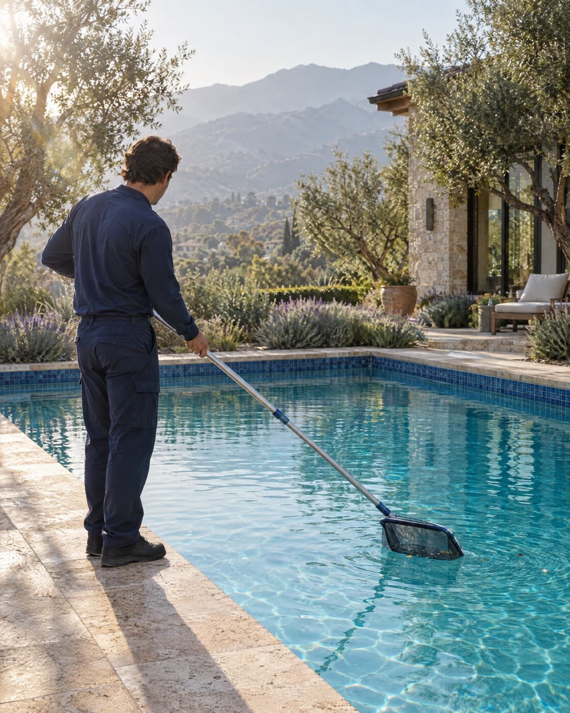 AquaPrivé technician skimming a private pool during weekly pool cleaning in Rancho Cucamonga