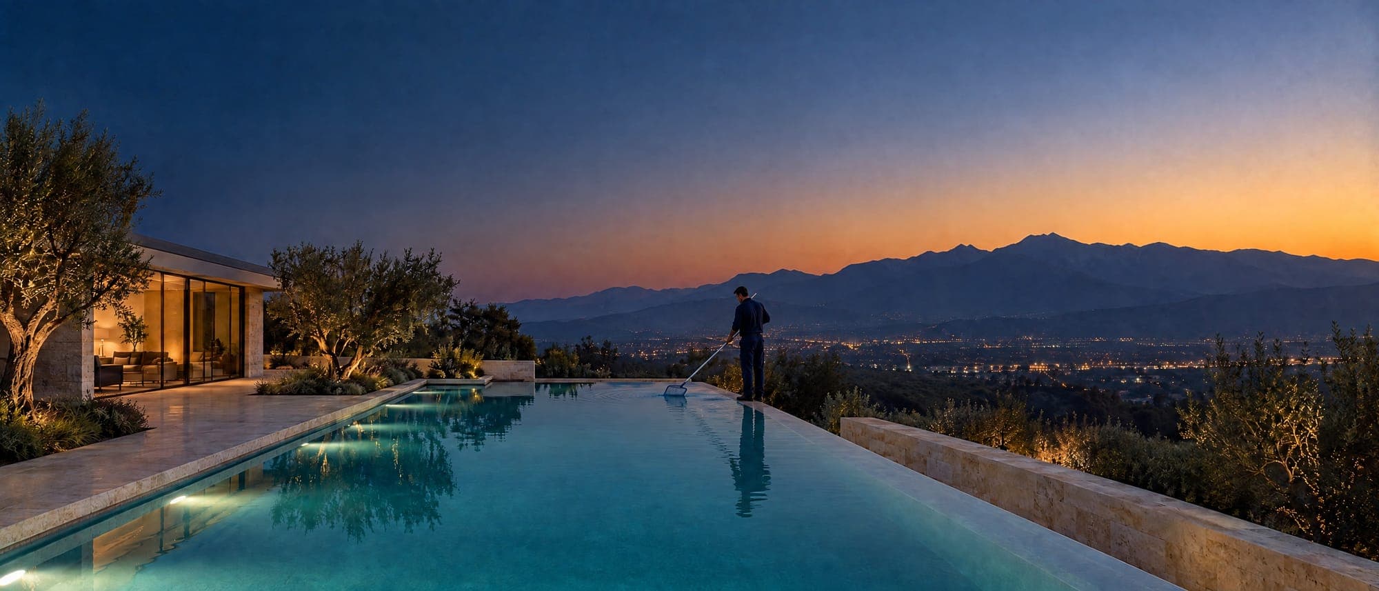 AquaPrivé pool technician skimming an infinity-edge pool at a Rancho Cucamonga foothill estate at dusk